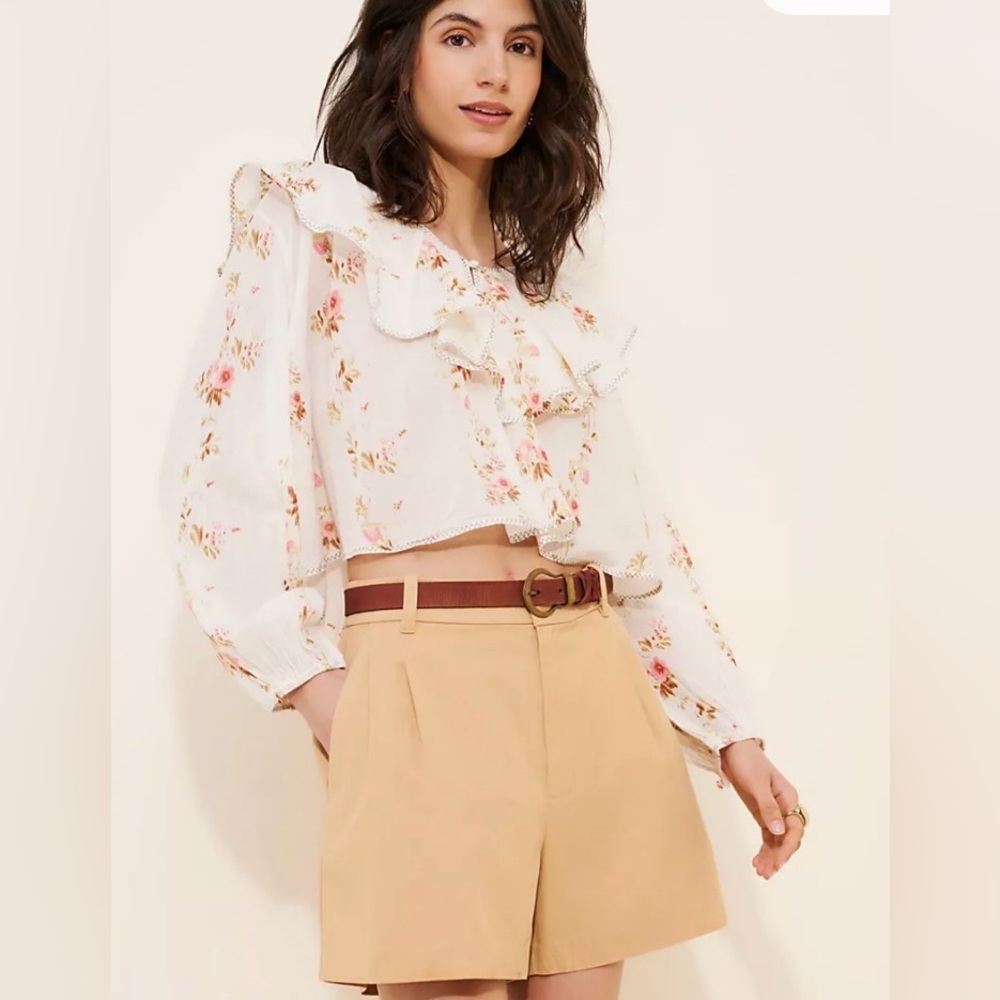 z004. Free People Camilla Printed Floral Ruffle Peasant Top - Cream